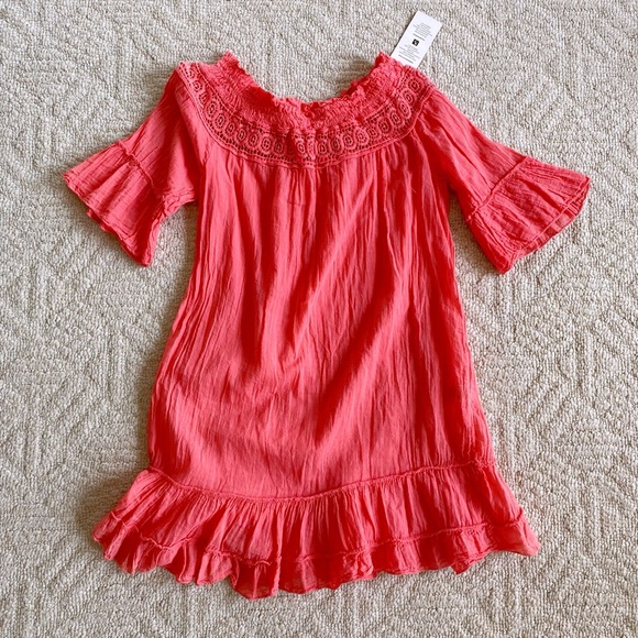 VERO MODA Sz S Off Shoulder Coral Cotton Crinkle Mini Dress - Picture 4 of 16